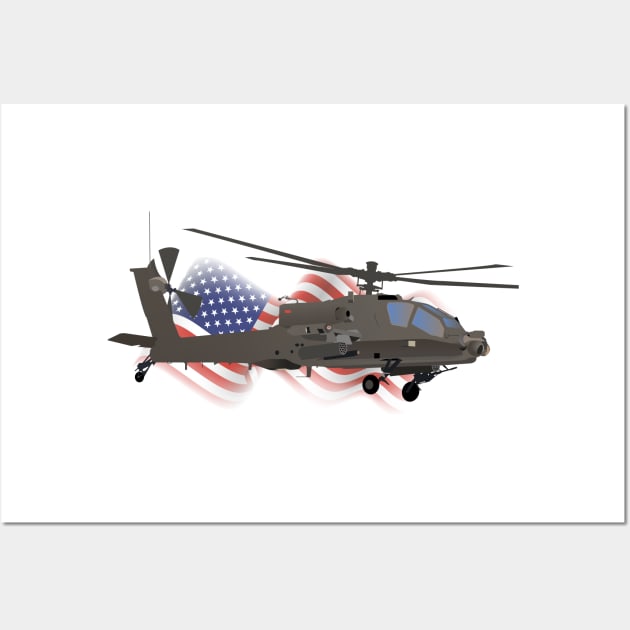 AH-64 Apache Helicopter with American Flag Wall Art by NorseTech